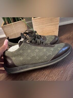 Authentic Louis Vuitton Olive Monogram Low-Top Sneakers with Brown Trim